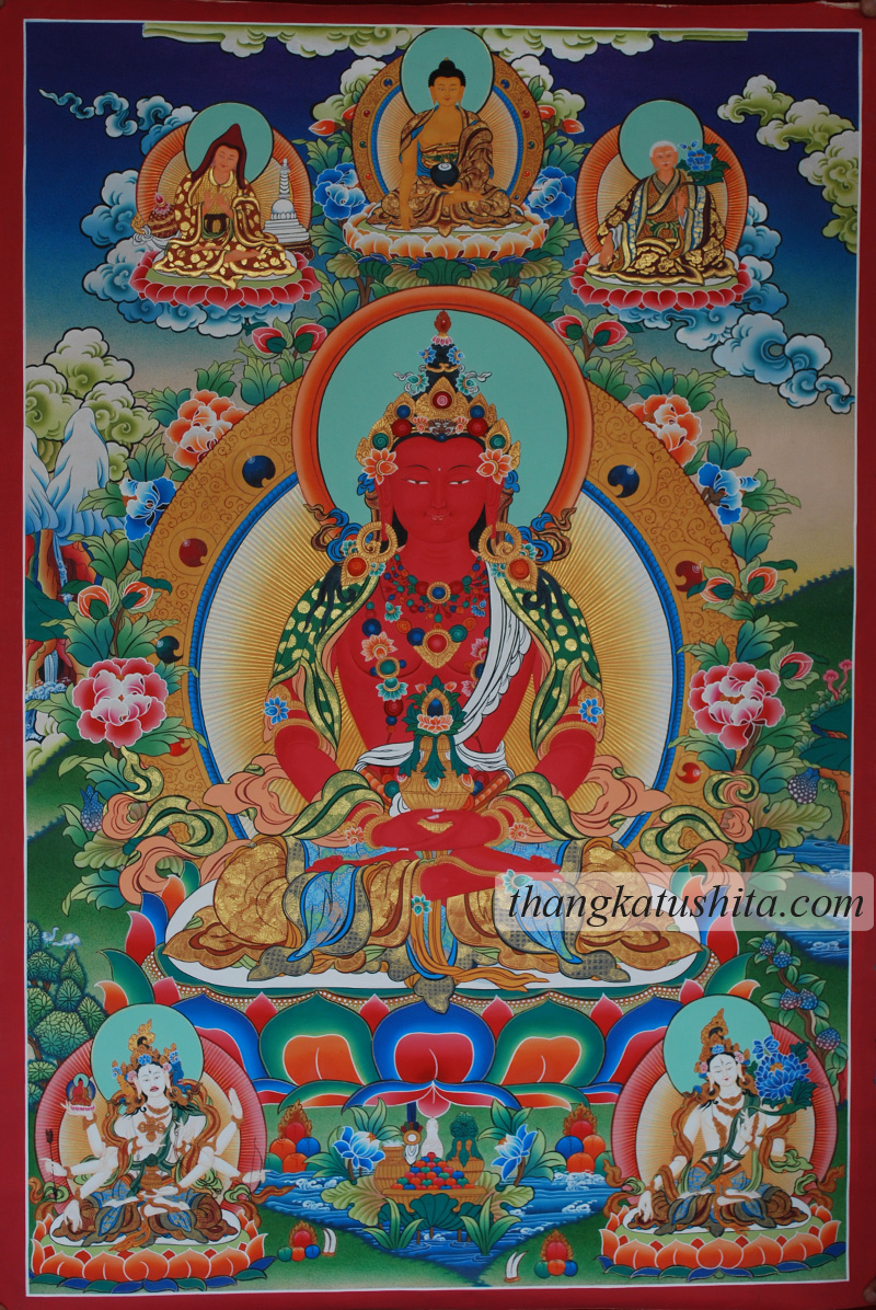 Amitayus with Shakyamuni, Atisha, Drom tenpa, Namgyalma n Tara - Click Image to Close
