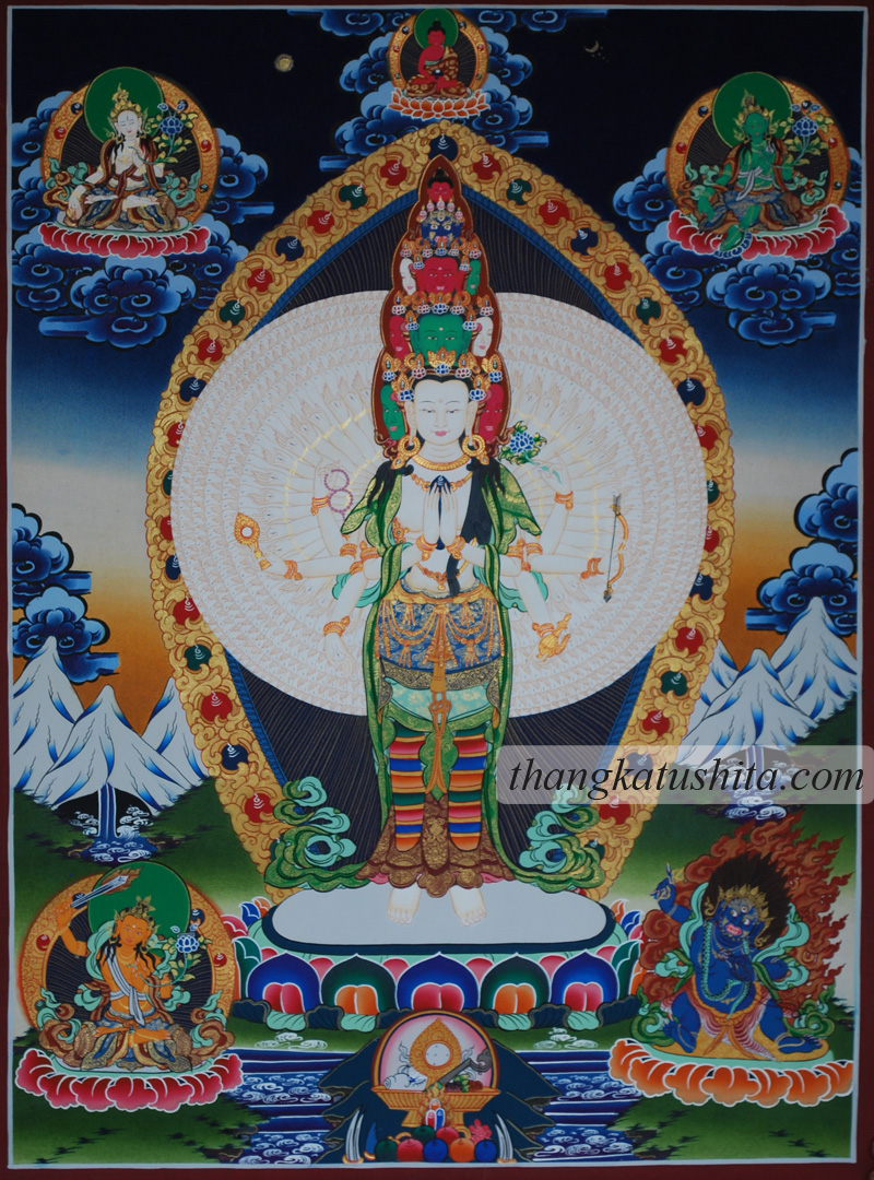 Avalokiteshvara with Amitabha, Taras, Manjushri and Vajrapani - Click Image to Close
