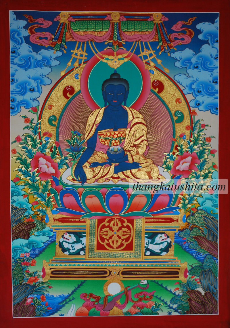 Medicine Buddha on throne - Click Image to Close